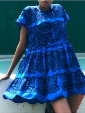 Zara Royal Blue Embroidered Tiered Mini Dress